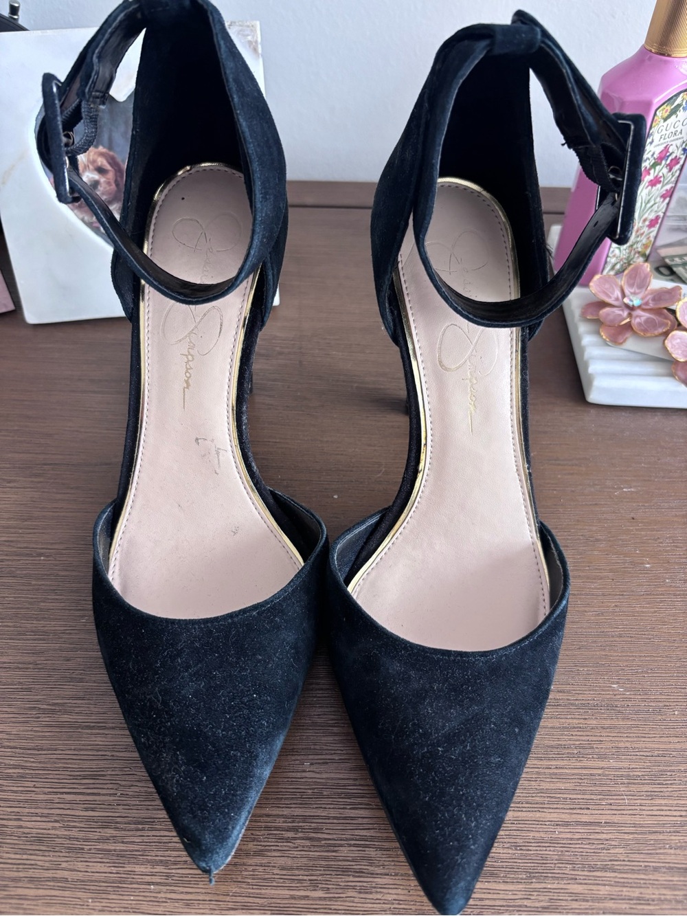 Jessica Simpson Black Pointed Toe Ankle-Strap Heels